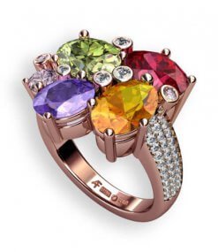 läcker ring i roseguld med färgsprakande ädelstenar