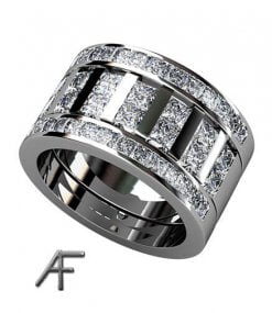 2 alliansringar samt bred ring i mitten med prinsess slipade diamanter