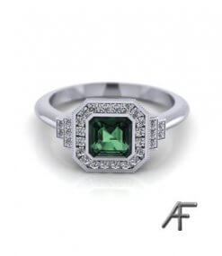 haloring i Art Deco stil med grön safir och diamanter